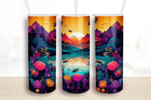Bright Neon Colorful Floral Bees Tumbler